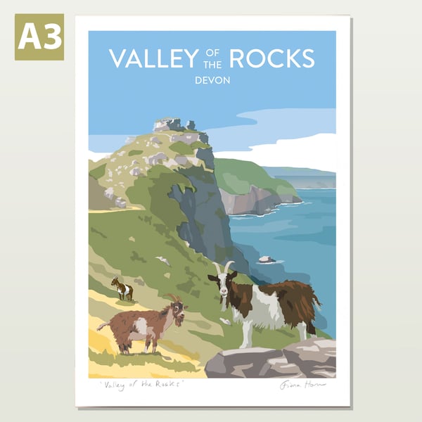Valley of the Rocks A3, Lynton, Devon illustrated travel poster