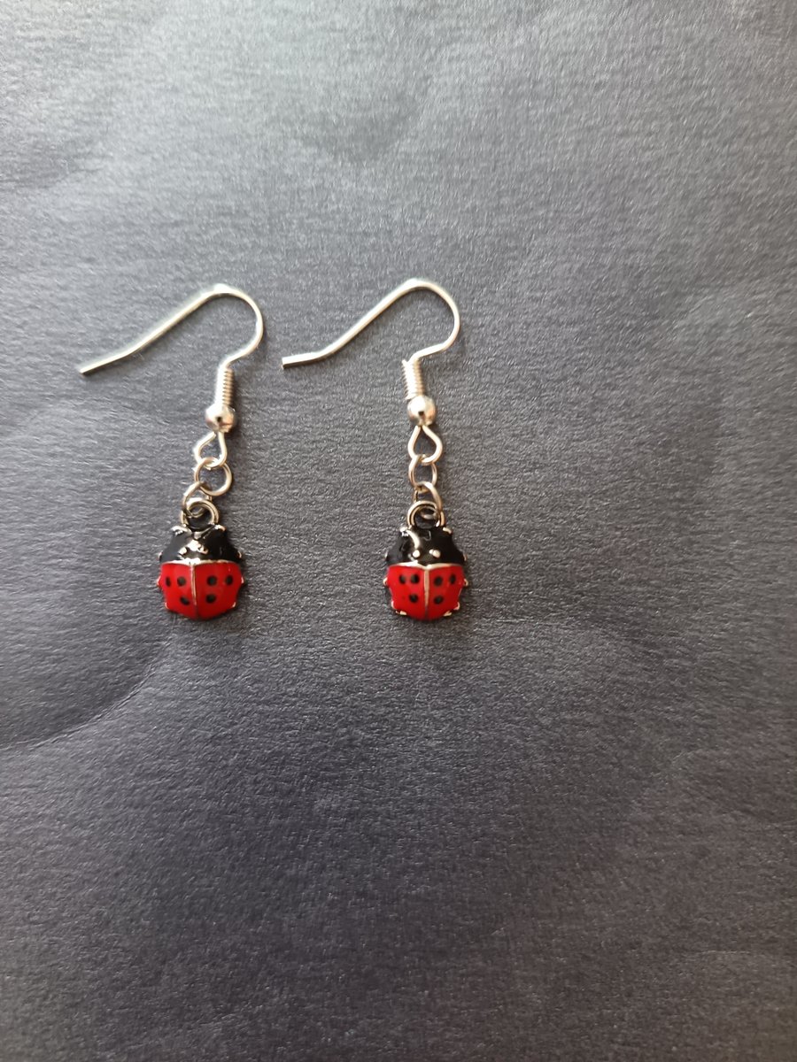 Silver, red and black ladybird charm dangle earrings 