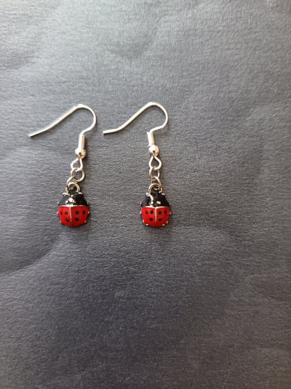 Silver, red and black ladybird charm dangle earrings 