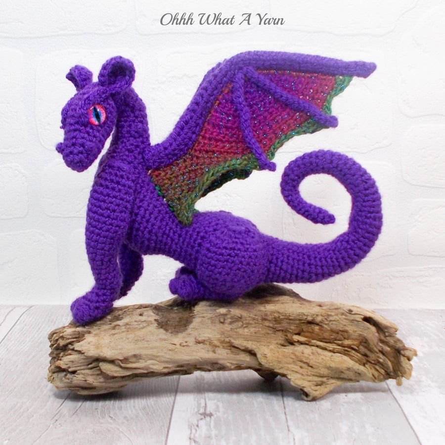 3D crochet soft sculpture collectable purple sparkly dragon.  Crochet dragon.