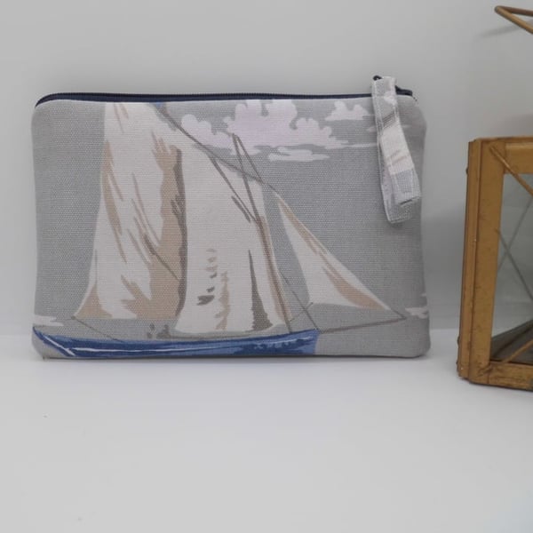Make up bag in grey nautical theme fabric