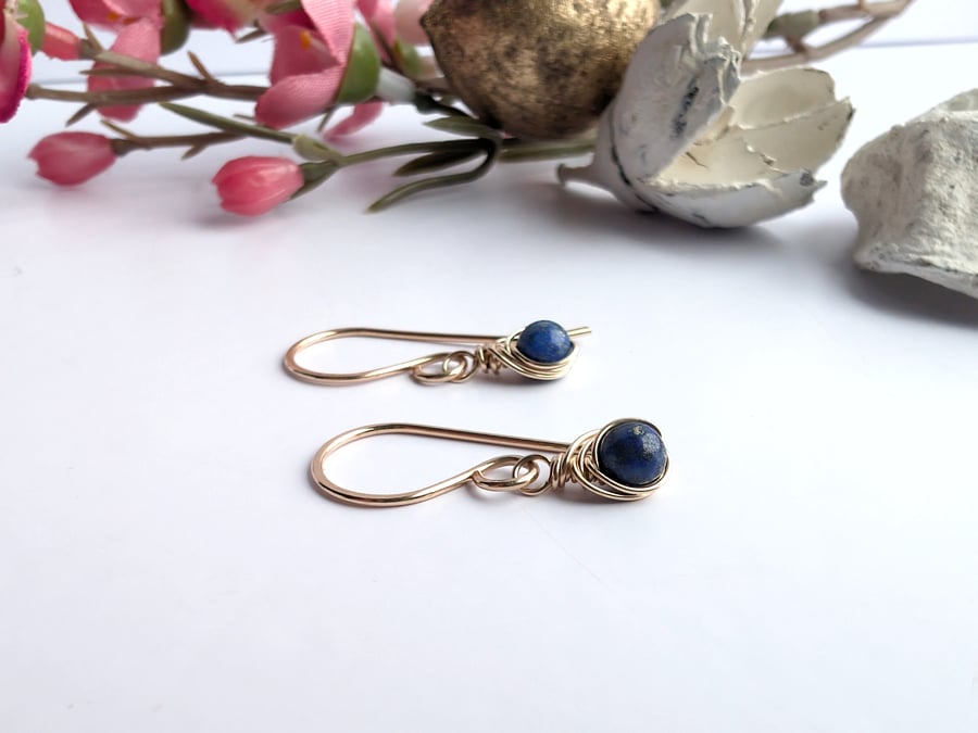 LAPIS LAZULI Dainty Wire Wrapped Earrings Sterling Silver September Birthstone