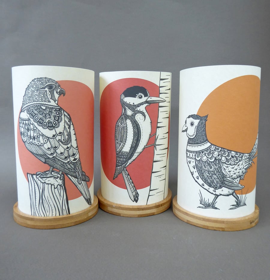 Warm colours bird candle covers, Kestrel, Woodpecker, Pheasant