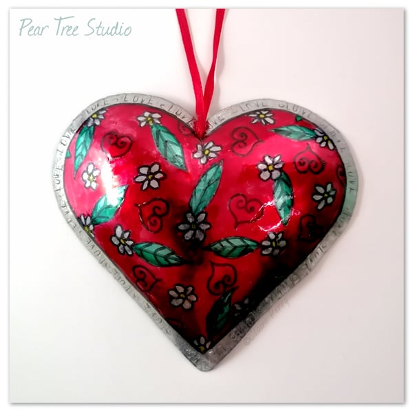 Red Metal Embossed Heart decoration with flower pattern. Hand Made.