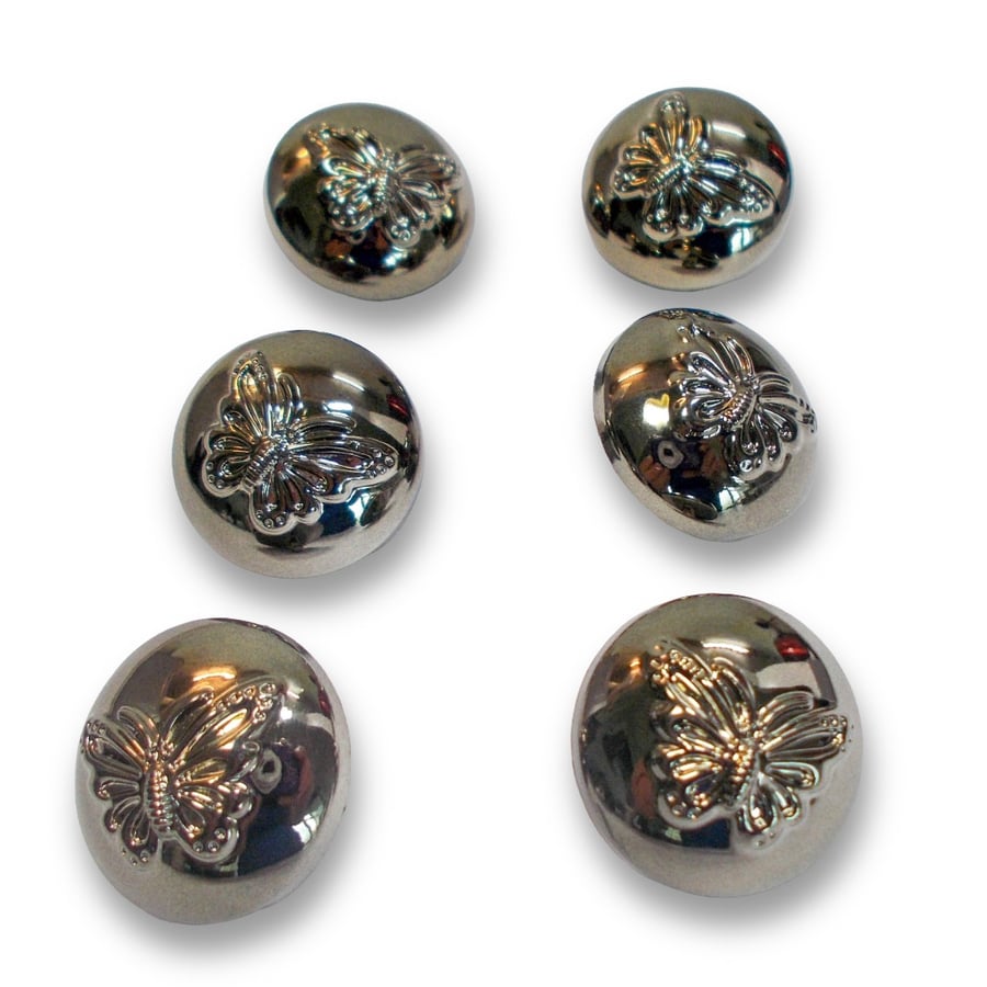 Gunmetal, butterfly dome shank buttons 22mm approximately. Pack of 6