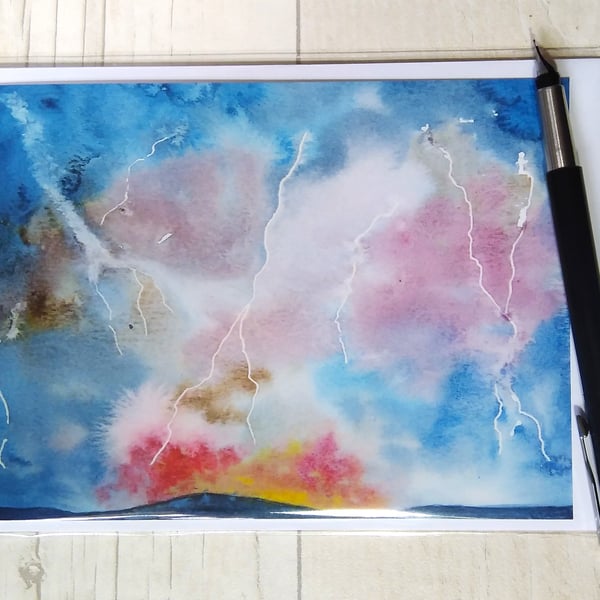 Birthday card. (Printed) Stormy Skies. Thunderstorm.