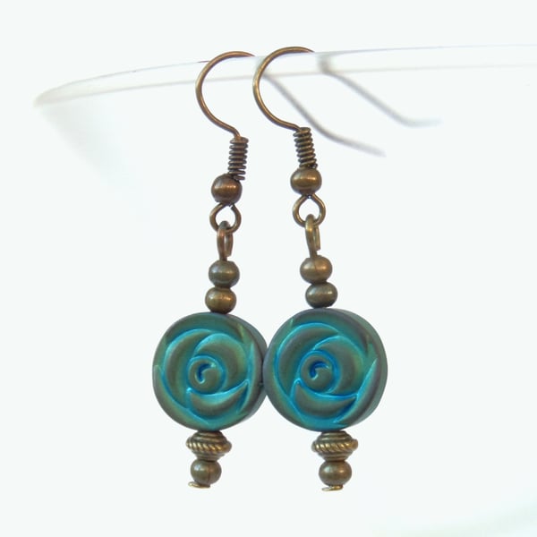 Turquoise coloured hematite bronze  earrings