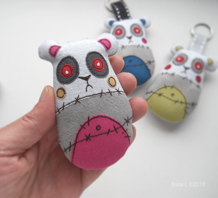 free motion embroidery keyring bagcharm zombie panda - pink