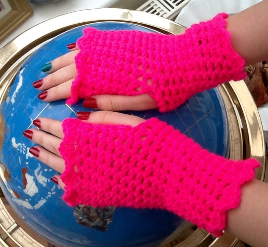 Hot Pink Crocheted Fingerless Mittens, perfect Jogger Wear!