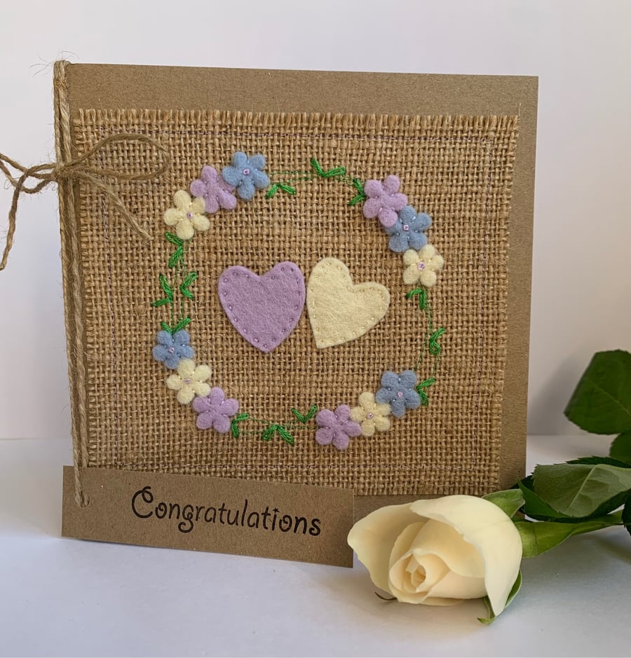 Handmade card for Engagement, Wedding or Anniversary. Hearts and flowers