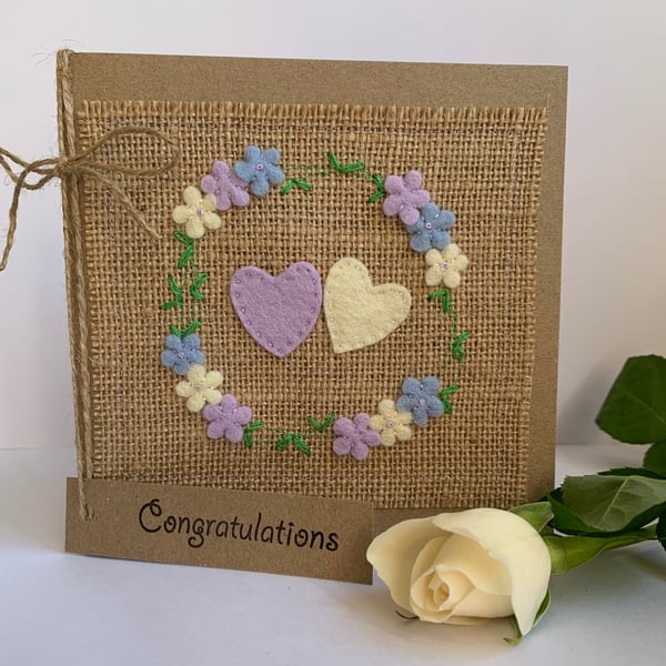 Handmade card for Engagement, Wedding or Anniversary. Hearts and flowers