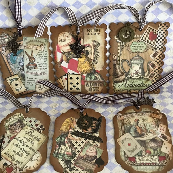 Set 6 Vintage Alice in Wonderland Journal Cards tags Toppers Brown