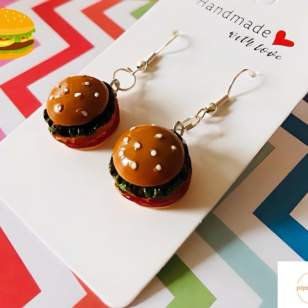 Fun Cheeseburger Dangle Earrings 925 Silver Hooks, Quirky Jewellery Festivals