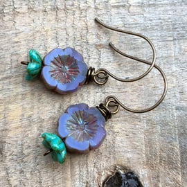 Purple & Turquoise Czech Glass Flower Earrings - Simple Lavender Floral Design