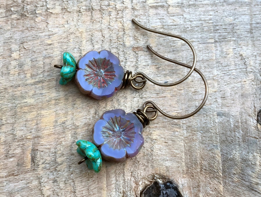 Purple & Turquoise Czech Glass Flower Earrings - Simple Lavender Floral Design