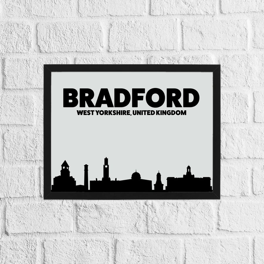 Skyline silhouette of Bradford, West Yorkshire, UK, grey and black print