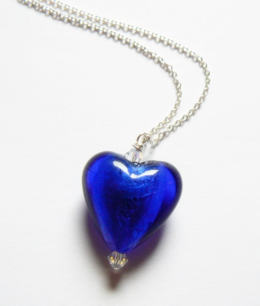 Blue Venetian Glass Heart with Swarovski Crystals Pendant