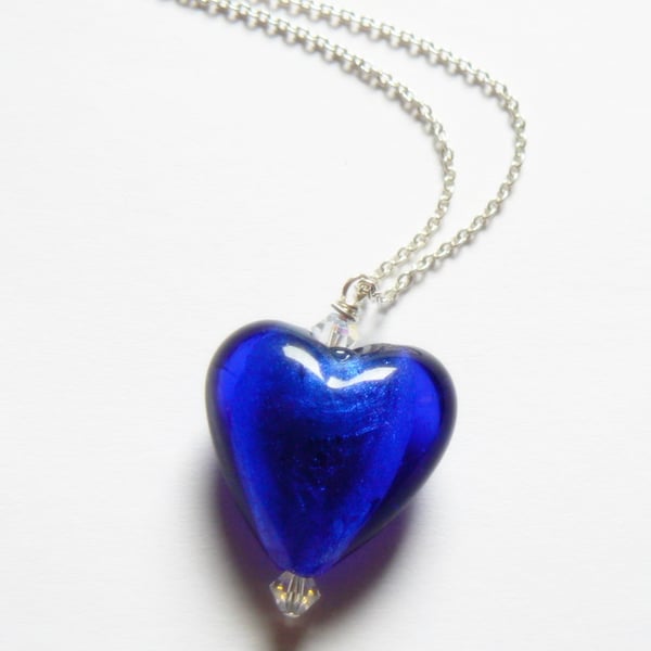 Blue Venetian Glass Heart with Swarovski Crystals Pendant