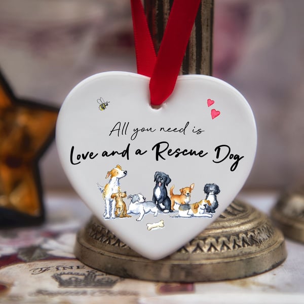 Love and a Rescue Dog Ceramic Heart