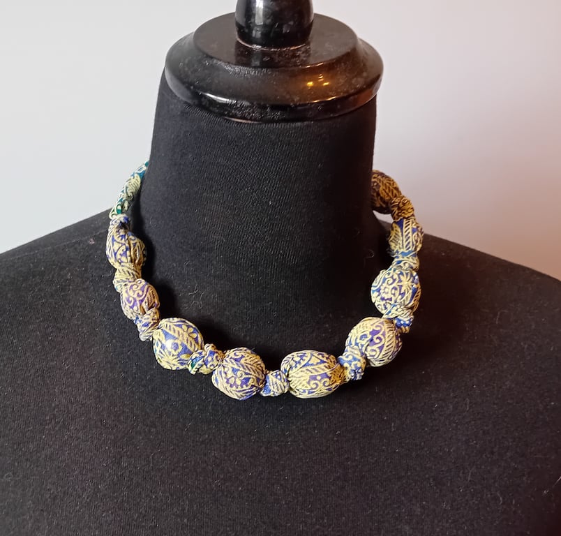 Blue and Yellow Fabric Bead Necklace
