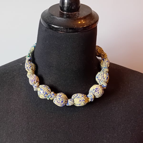Blue and Yellow Fabric Bead Necklace