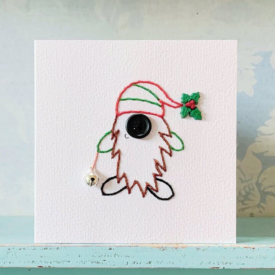 Hand Sewn Card. Tomte. Gnome Card. Christmas Card. Embroidered Card.