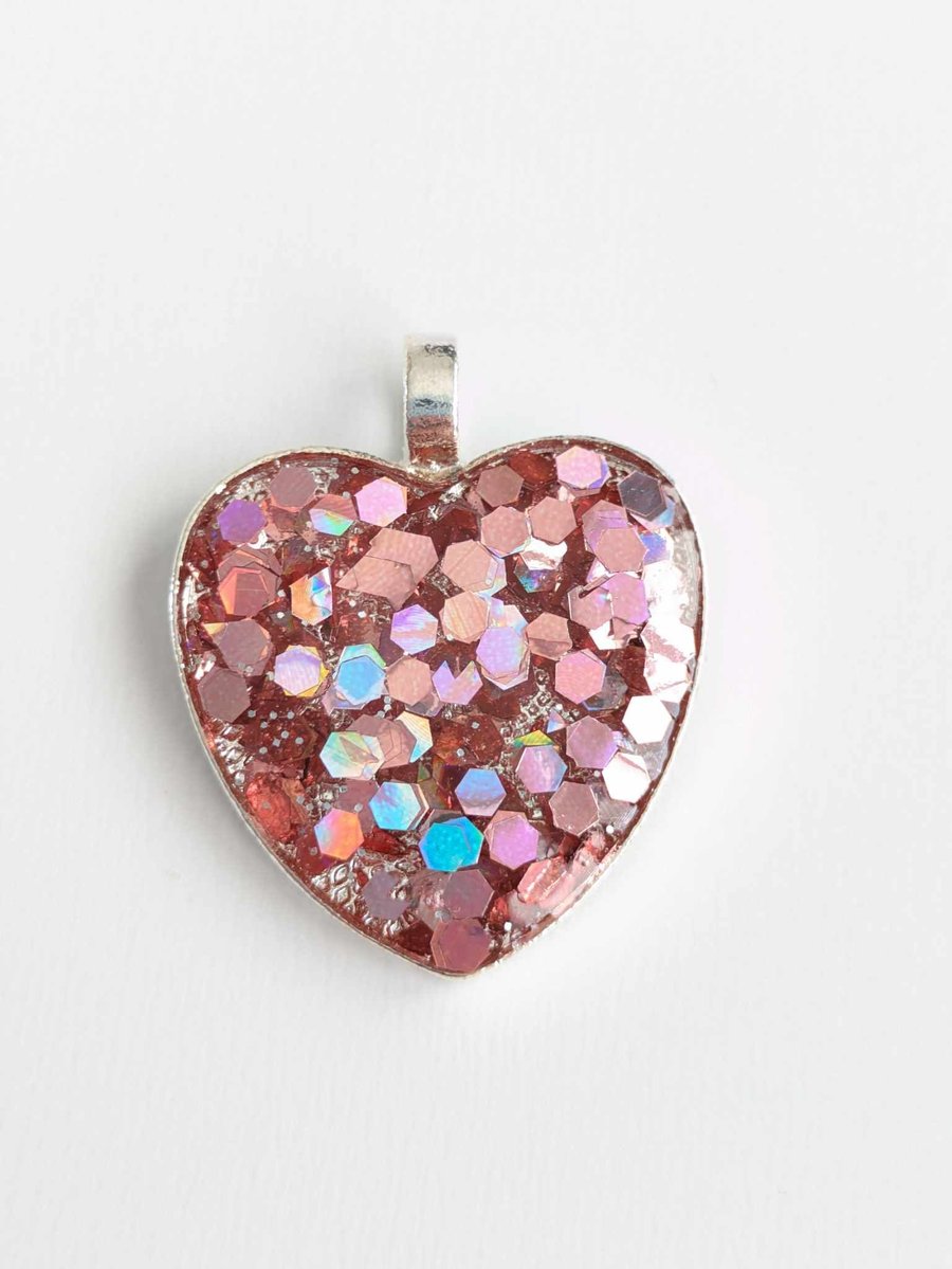 Resin Heart Pendant With Chunky Pink Glitter