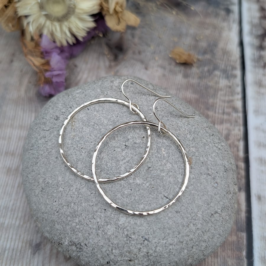 Sterling Silver Large Hammered Circle Earrings - JBJ1047