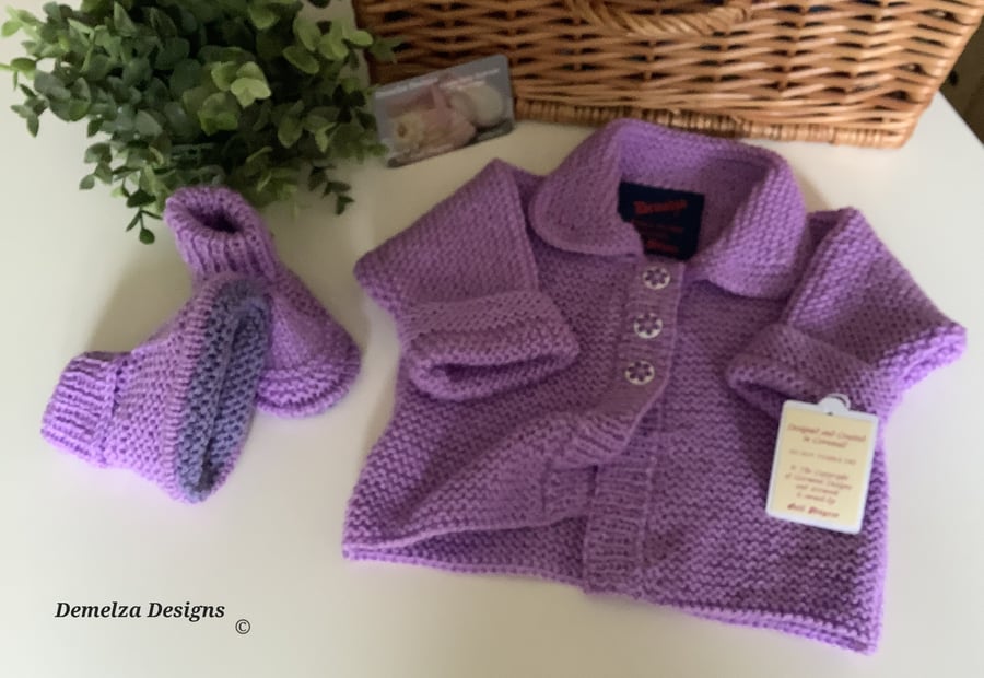 Baby Girl's Hand Knitted Cardigan & Booties  Set 0-6 months size