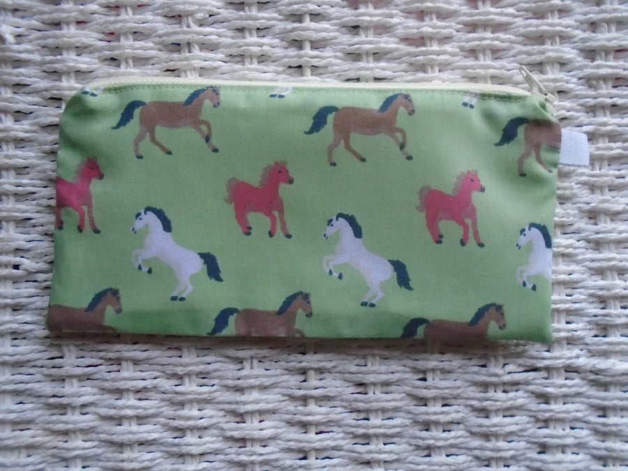 Green Horses Pencil Case or Small Make Up Bag 