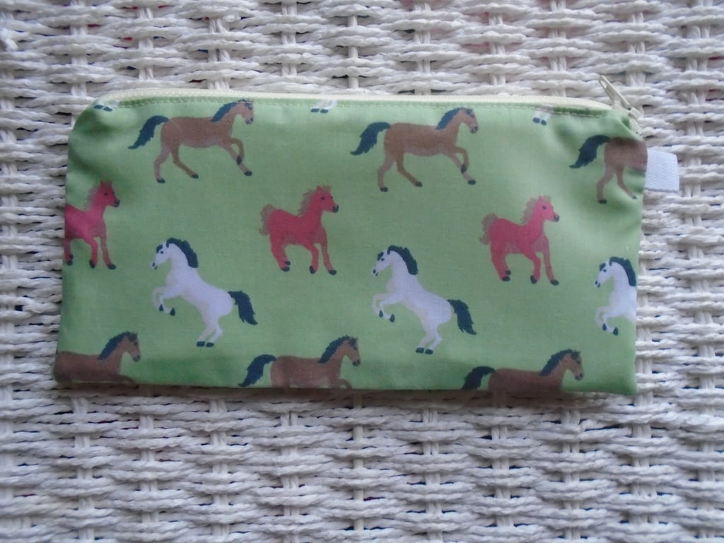 Green Horses Pencil Case or Small Make Up Bag 