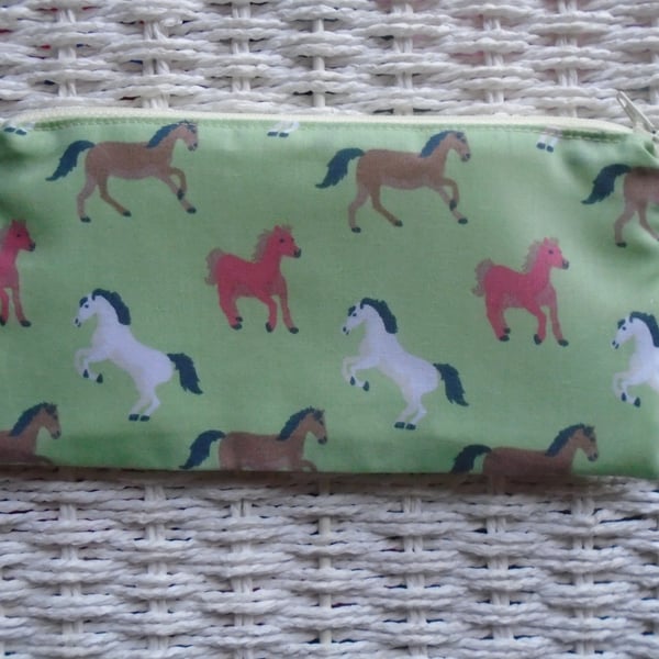 Green Horses Pencil Case or Small Make Up Bag 