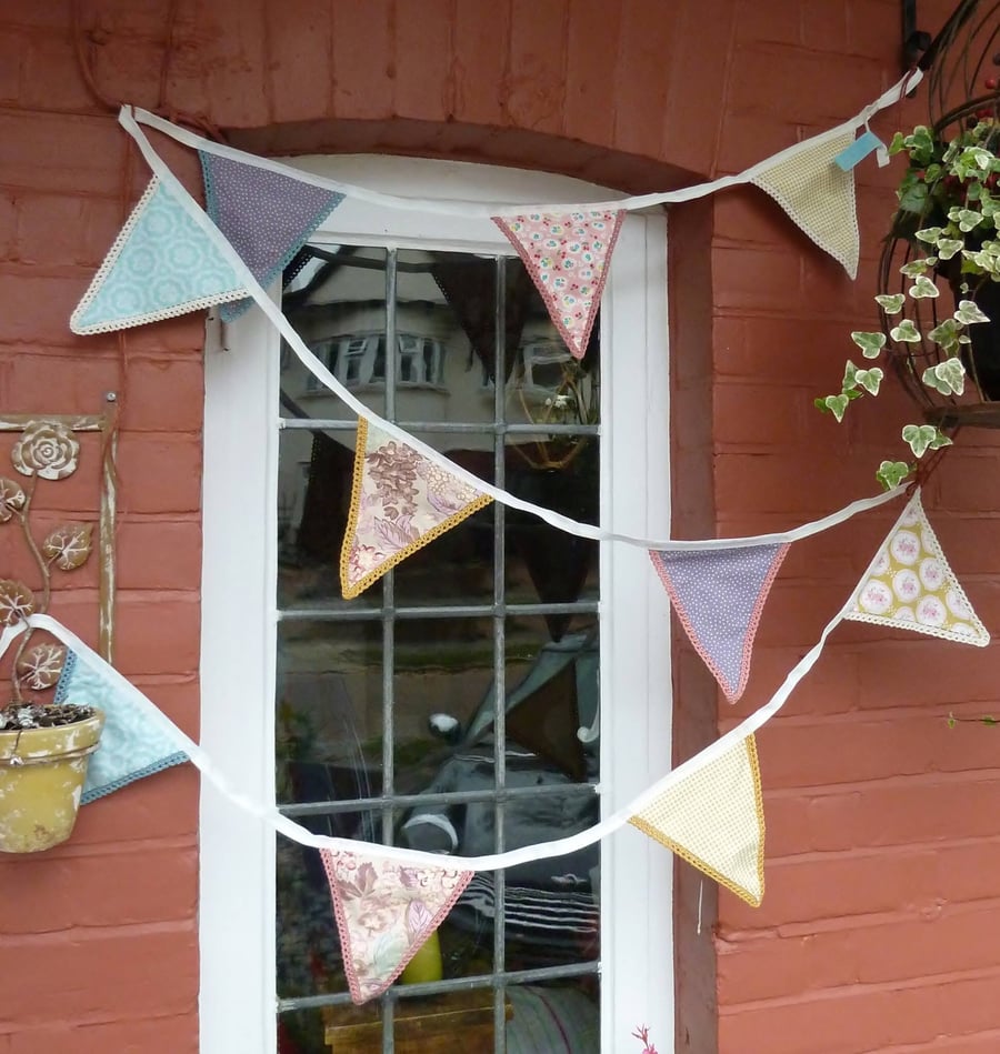 Fabric Bunting Garland with a crochet edging, in soft Spring colours.