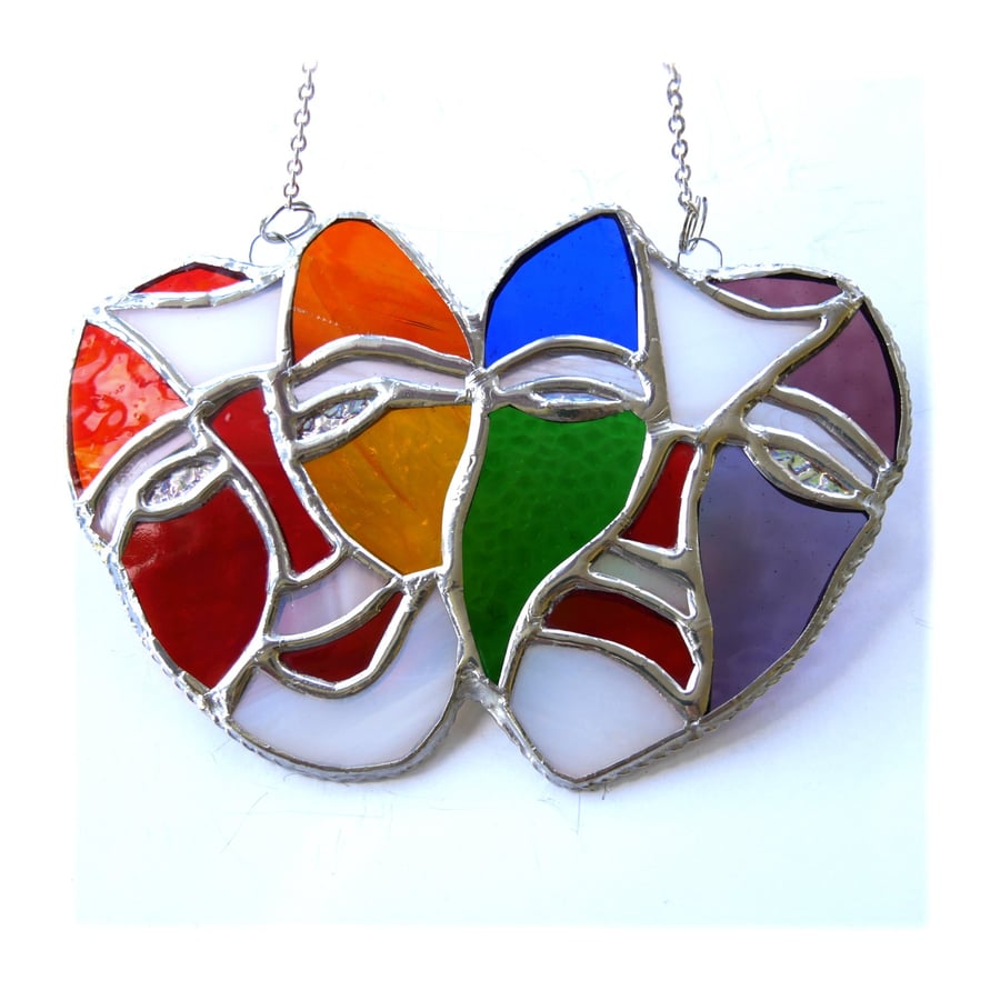 Comedy Tragedy Mask Stained Glass Suncatcher Rainbow handmade  007