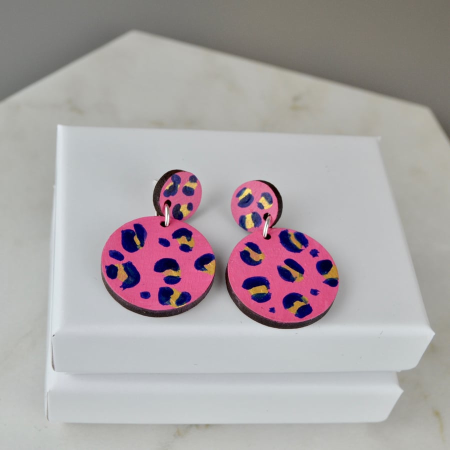Pink Leopard Print Painted Wooden Drop Earrings