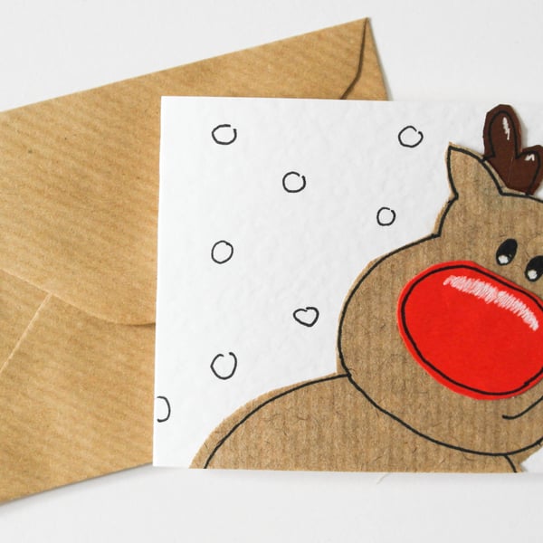 Christmas Reindeer Pack Of 6 Cards, Handmade Rudolph Red Nose Christmas Cards