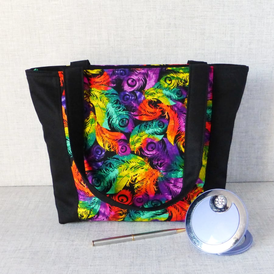 REDUCED: Zipped handbag, tote bag, feathers design.