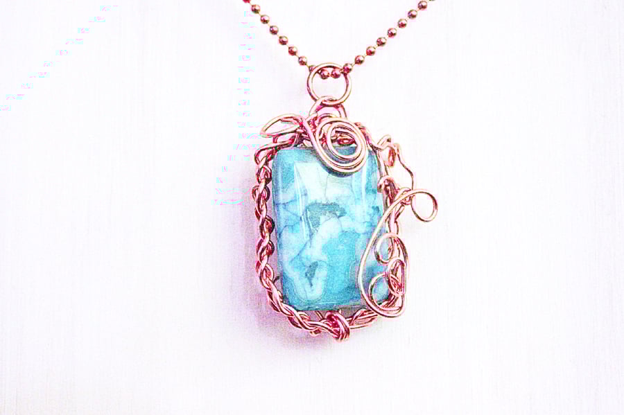 Blue crazy lace agate and copper pendant