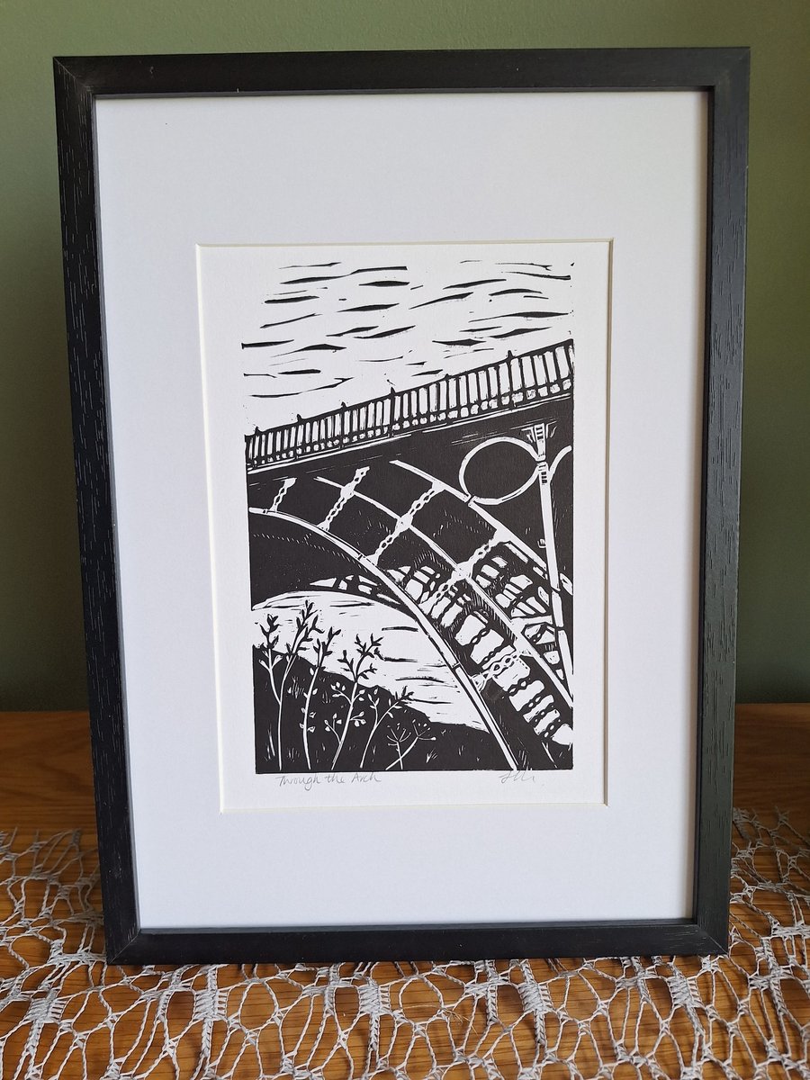 'Through the Arch'. An original handprinted linoprint of Ironbridge, Shropshire.