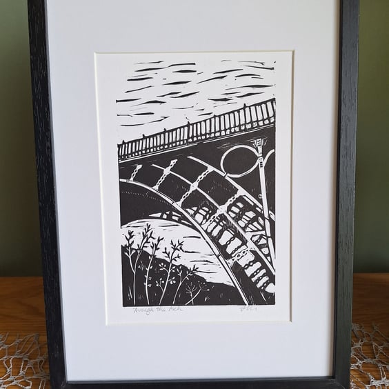 'Through the Arch'. An original handprinted linoprint of Ironbridge, Shropshire.