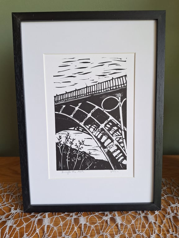 'Through the Arch'. An original handprinted linoprint of Ironbridge, Shropshire.