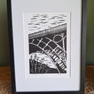 'Through the Arch'. An original handprinted linoprint of Ironbridge, Shropshire.