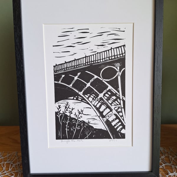 'Through the Arch'. An original handprinted linoprint of Ironbridge, Shropshire.
