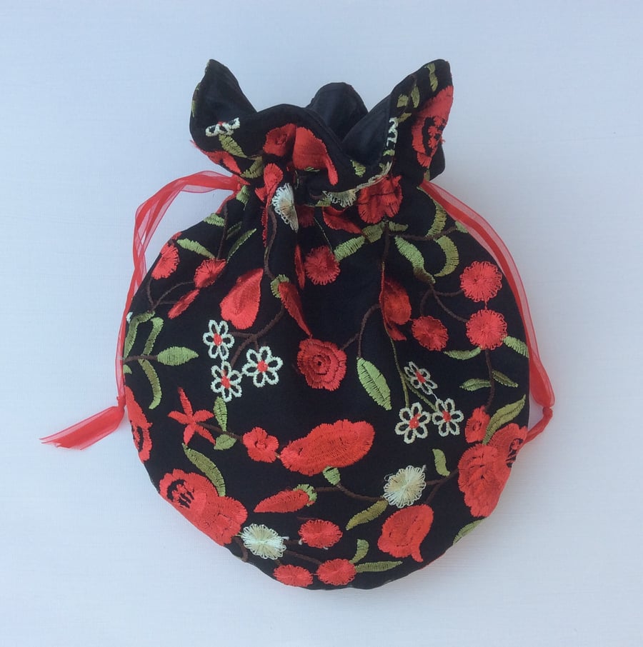 Potli bag, wedding, drawstring bag, black with red and cream flowers