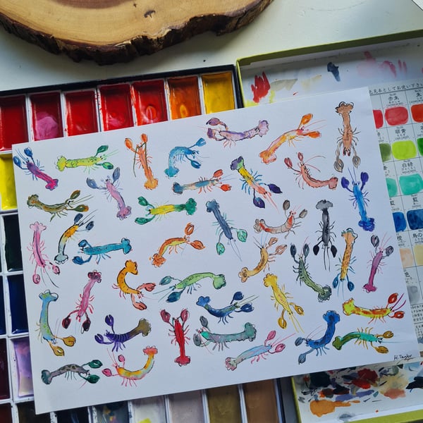 Handpainted colourful lobster pattern Watercolour painting