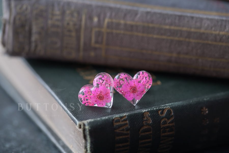 Real Flower Earrings Pink Hearts Pink Earrings Resin Jewellery Gifts for Her Che