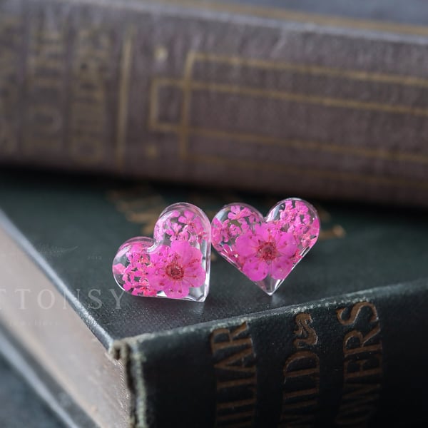 Real Flower Earrings Pink Hearts Pink Earrings Resin Jewellery Gifts for Her Che