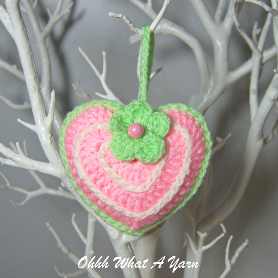 Pink crochet hanging heart decoration, scissor minder, bag charm with lavender