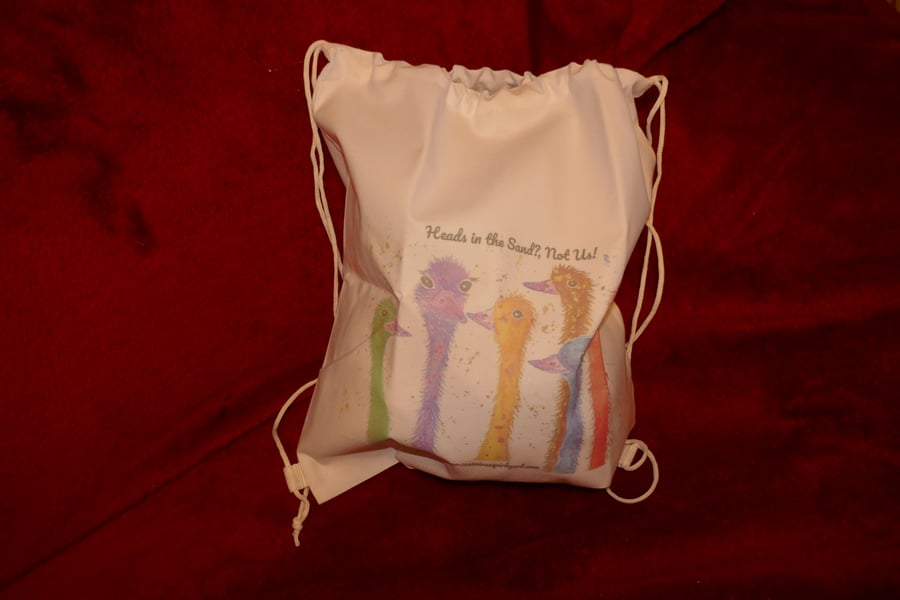 Colourful Ostriches  Drawstring bag, 34cm x 40 cm " Heads in the Sand? Not Us!
