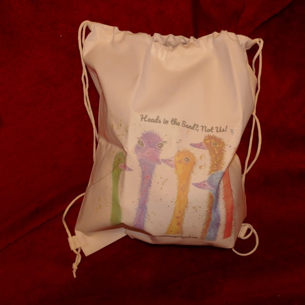 Colourful Ostriches  Drawstring bag, 34cm x 40 cm " Heads in the Sand? Not Us!